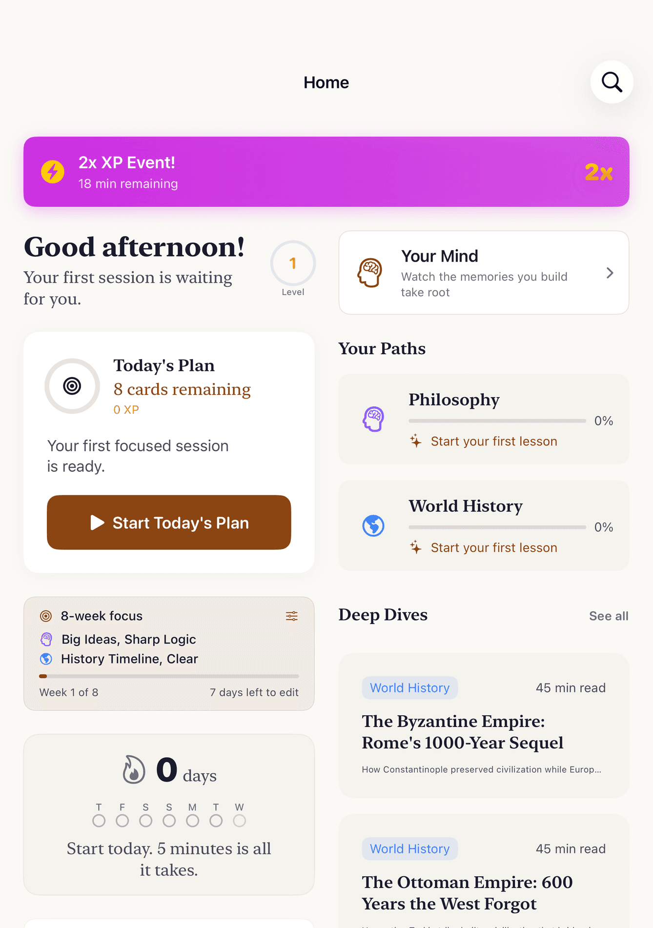 The Enchiridion home screen on the iPhone Duo inner display: today's plan on the left, your paths and deep dives on the right