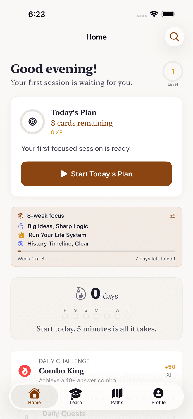 The Enchiridion home screen showing today's plan and streak