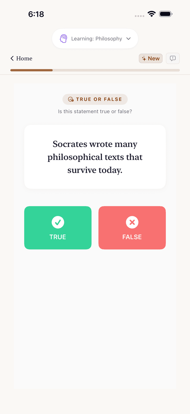 A true or false quiz card about Socrates in the Enchiridion app